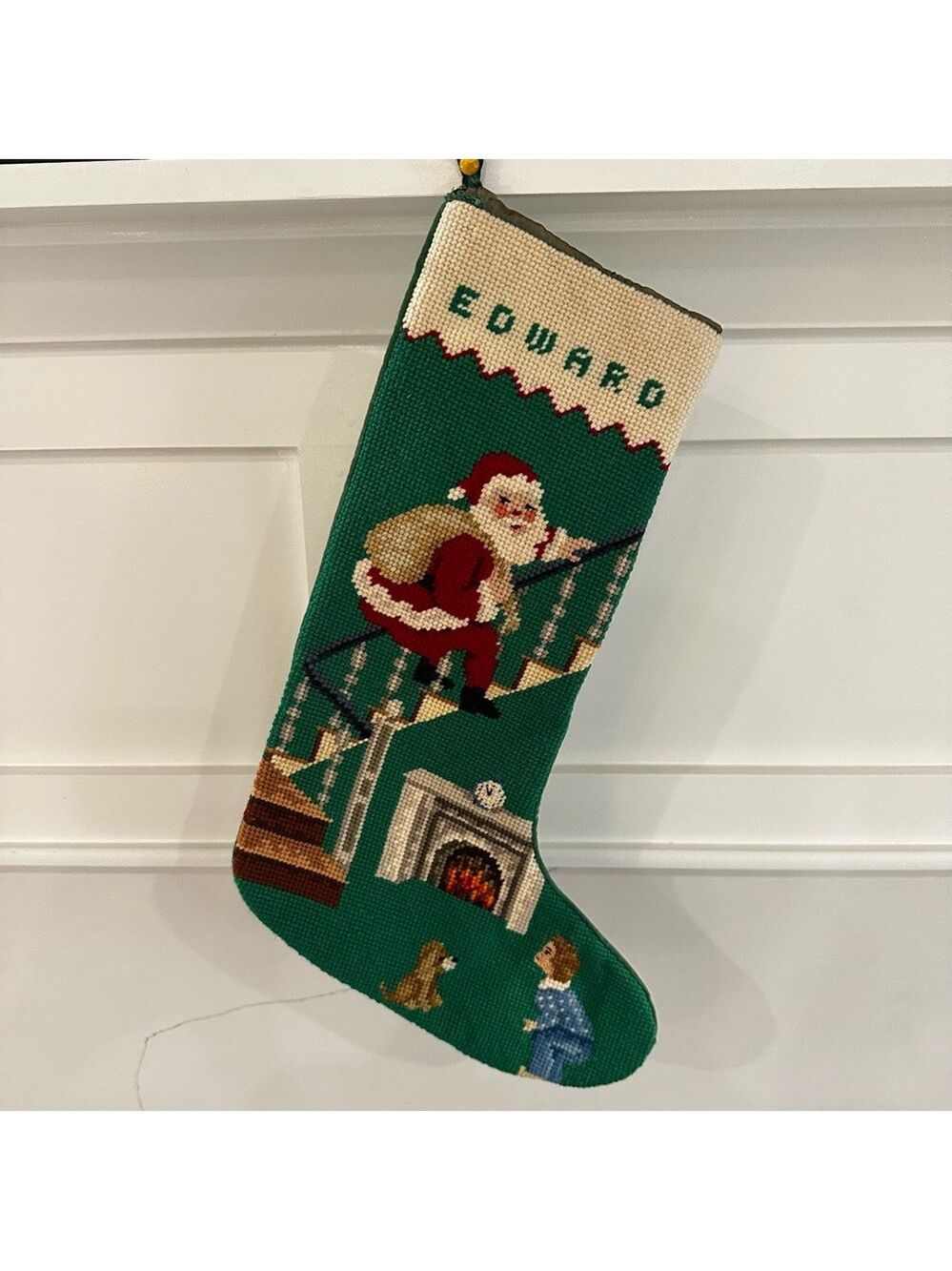 Green Personalized Christmas Stocking for Edward with Santa and Fireplace Design